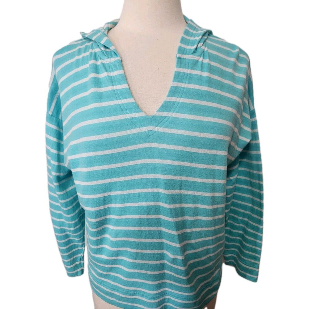 Chaps Women’s Large Knit Top Blue White Striped Long Sleeve Hooded Pullover